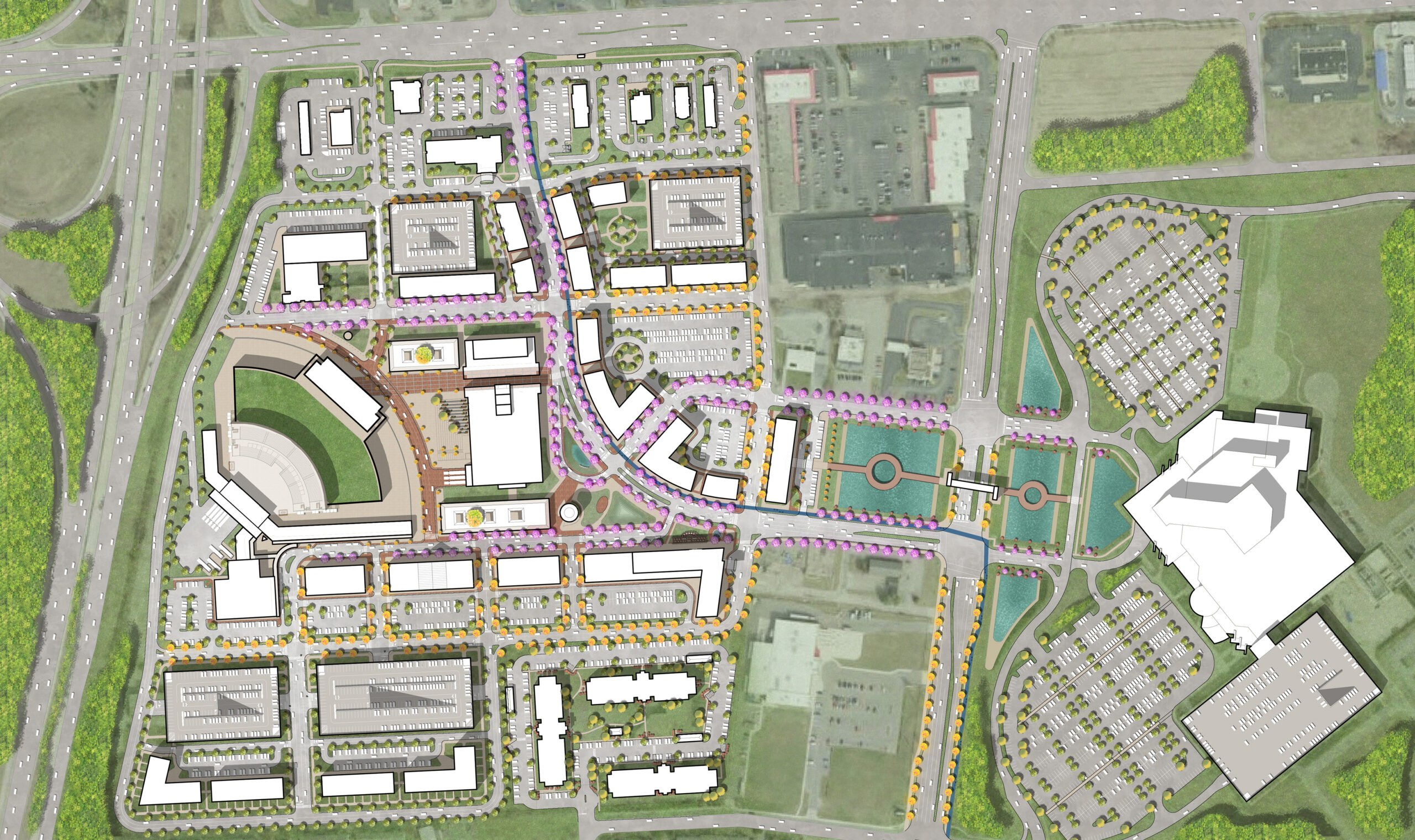 Top-down view that is an illustration of the Weston site plan, which includes buildings, roads, parking lots, and sidewalks. It shows the location of the site near to a major highway system.